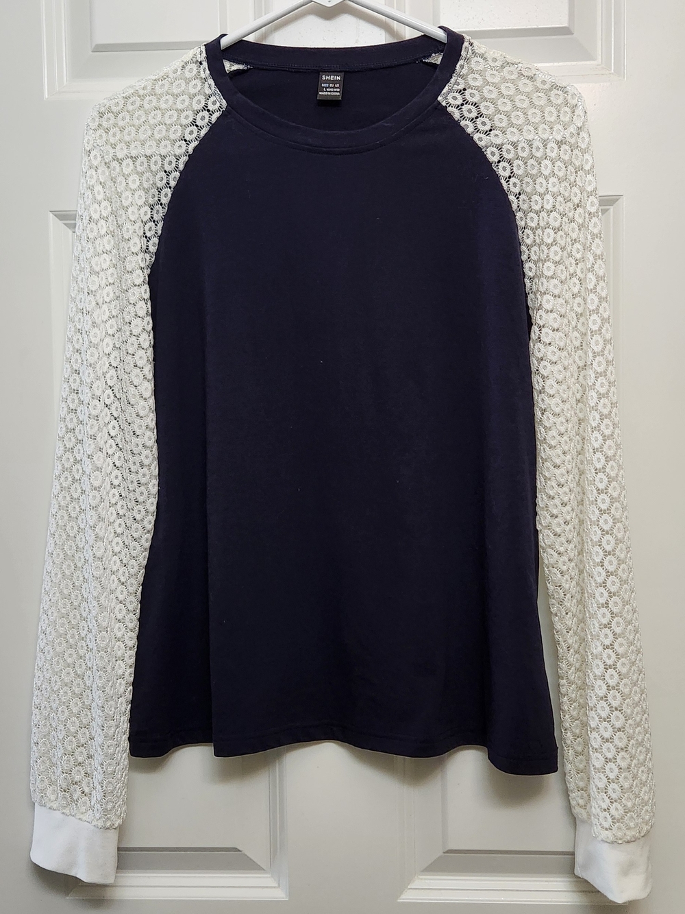 SHEIN BRAND TOP, Navy, Crewneck Top, Lace Sleeves, US L.